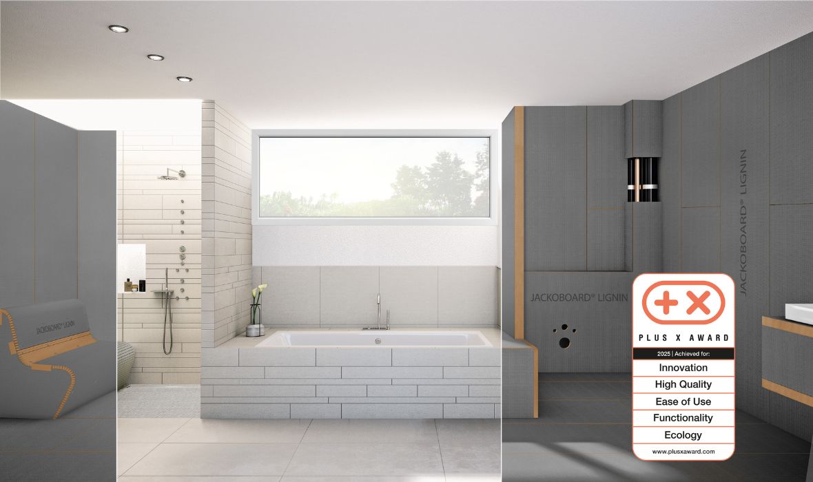 Vijfvoudig bekroond: JACKOBOARD® LIGNIN – de CO₂-geoptimaliseerde innovatie in bouwplaten overtuigt bij de Plus X Award
